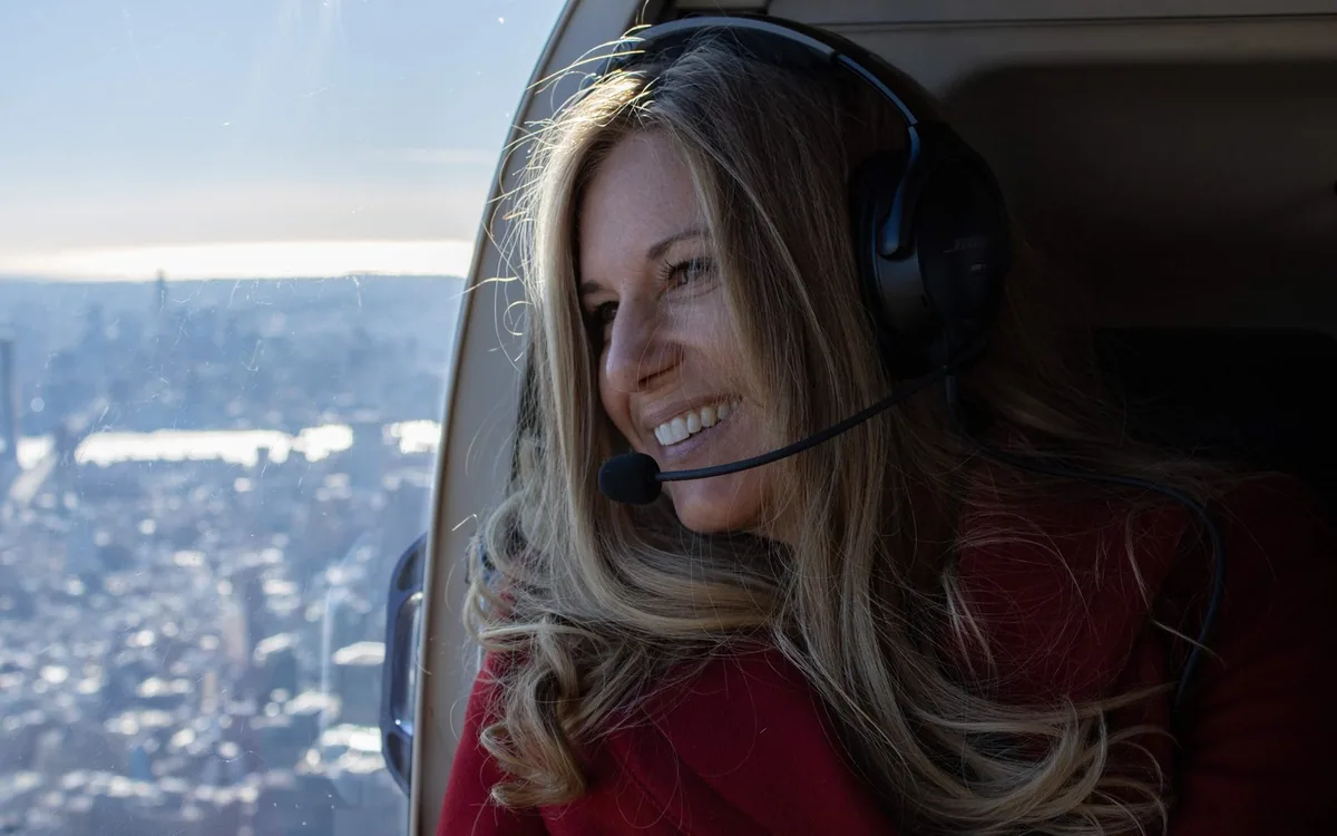 A helicopter lifting off from the Downtown Manhattan Heliport
