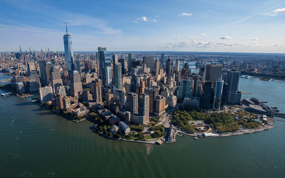 Midtown Manhattan towers seen from a helicopter over the Hudson