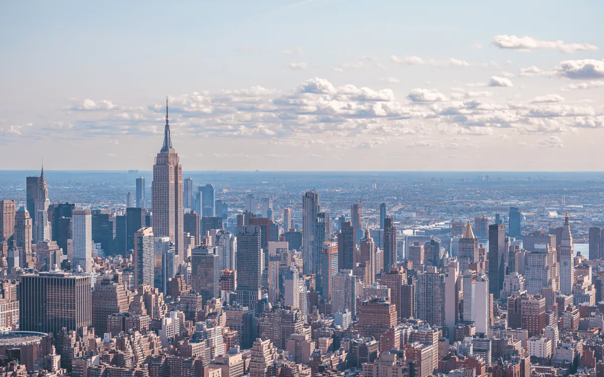 The Manhattan skyline seen from a helicopter in clear daylight