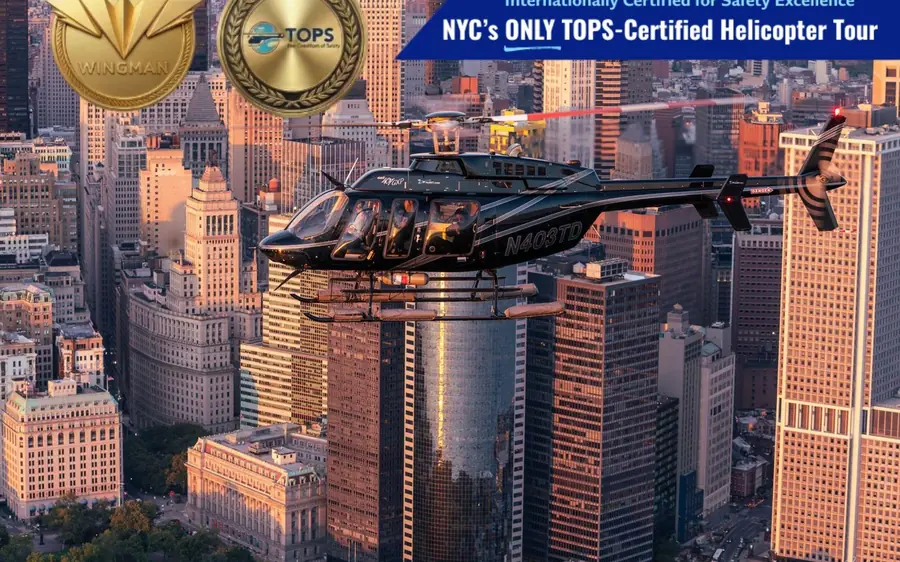 Low gold light on the Midtown towers from a helicopter at sunset